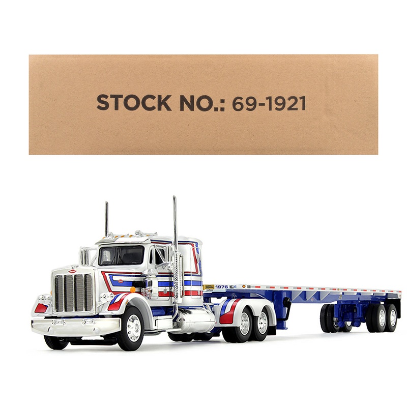Peterbilt 359 with 36″ Flat Top Sleeper and 48′ Utility Flatbed Trailer White with Blue and Red Stripes “Bicentennial Patriot” 1/64 Diecast Model by DCP/First Gear