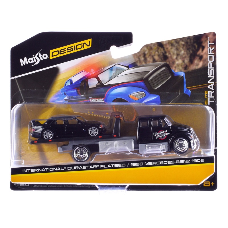 International Durastar Flatbed Truck Black “Premium Auto Car” and 1990 Mercedes-Benz 190E Black “Elite Transport” Series 1/64 Diecast Models by Maisto