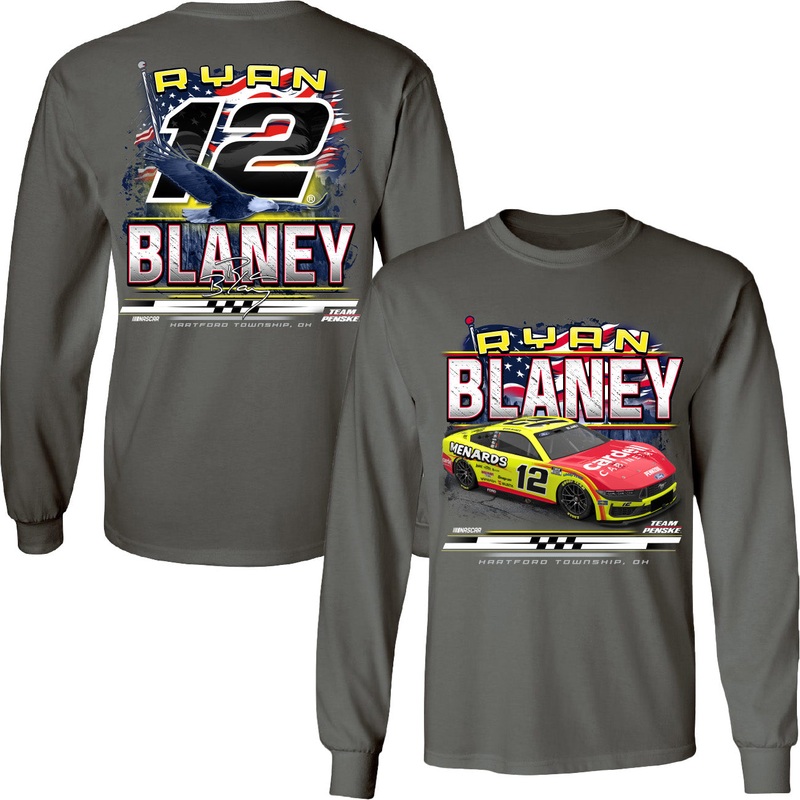 Ryan Blaney 2025 Long Sleeve Menards Patriotic Eagle 2-Spot T-Shirt Gray – Exclusive L