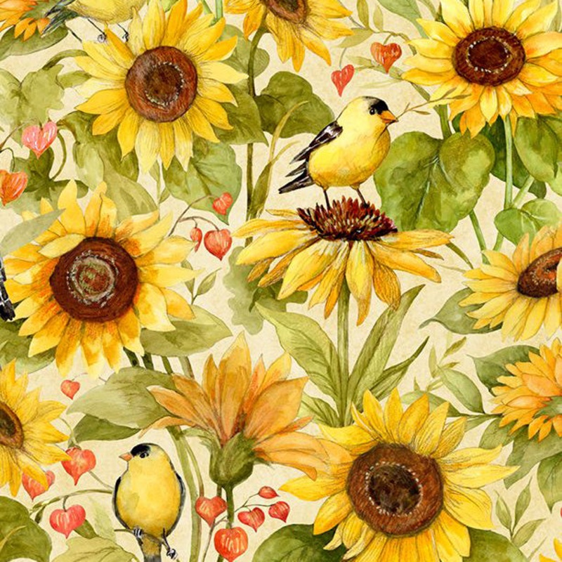 Sunflower Splendor Collection Sunflowers and Birds Cotton Fabric 83327 Cream