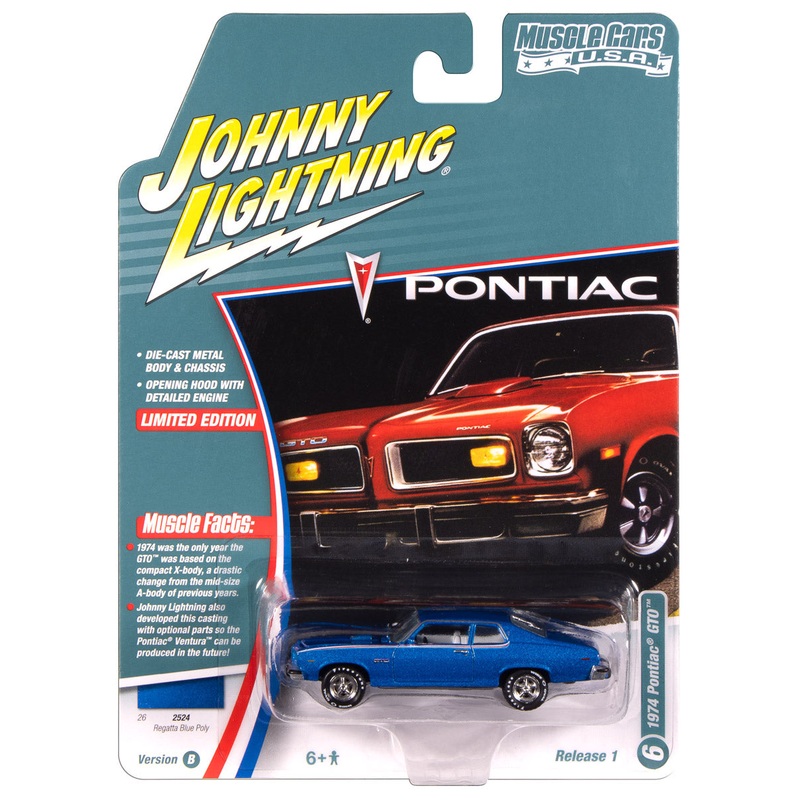 “PRE-ORDER” Johnny Lightning Muscle Cars 1974 Pontiac GTO (Regatta Blue Poly w/RWB Stripes) 1:64 Scale Diecast (DUE NOVEMBER 2025)