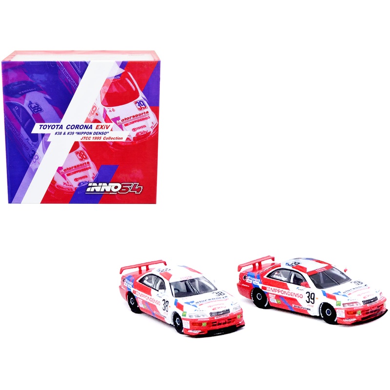 Toyota Corona EXiV #38 Hidetoshi Mitsusada and Toyota Corona EXiV #39 Tom Kristensen RHD (Right Hand Drive) “Nippon Denso” Japanese Touring Car Championship (1995) 2 piece Box Set Collection 1/64 Diecast Model Cars by Inno Models