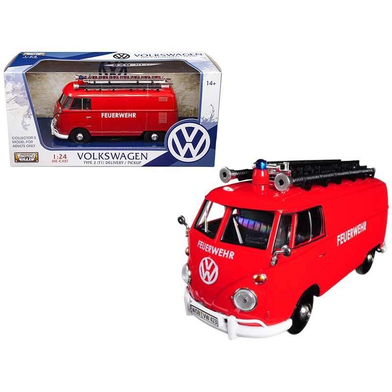 Volkswagen Type 2 (T1) Fire Van “Feuerwehr” Red 1/24 Diecast Model Car by Motormax