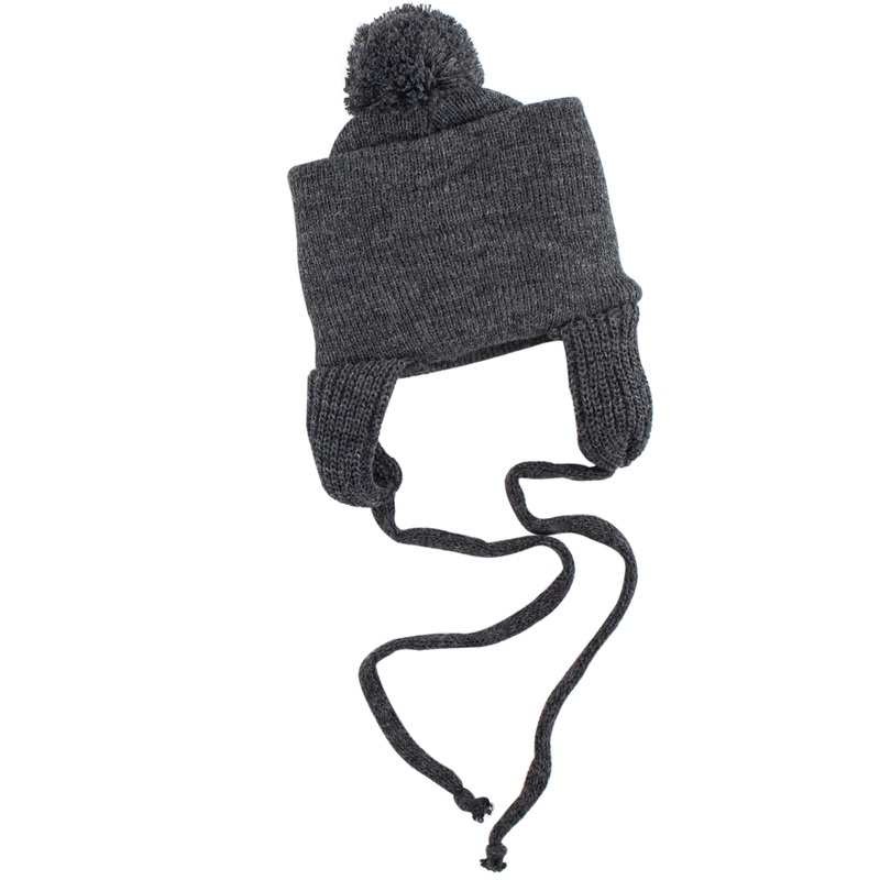 Baby Knit Cap with Pom-Pom and Ear Flaps WA-SSI Charcoal 0-9MO