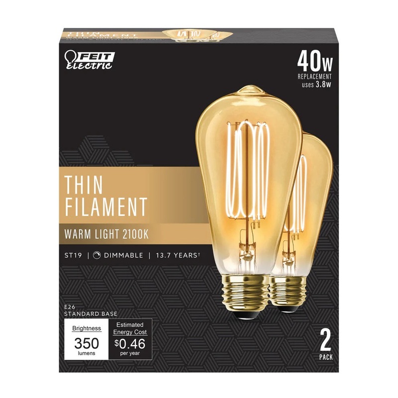 2-Pack 40W ST19 LED Thin Filament Vintage Edison Light Bulbs ST1940 2100K Warm Light