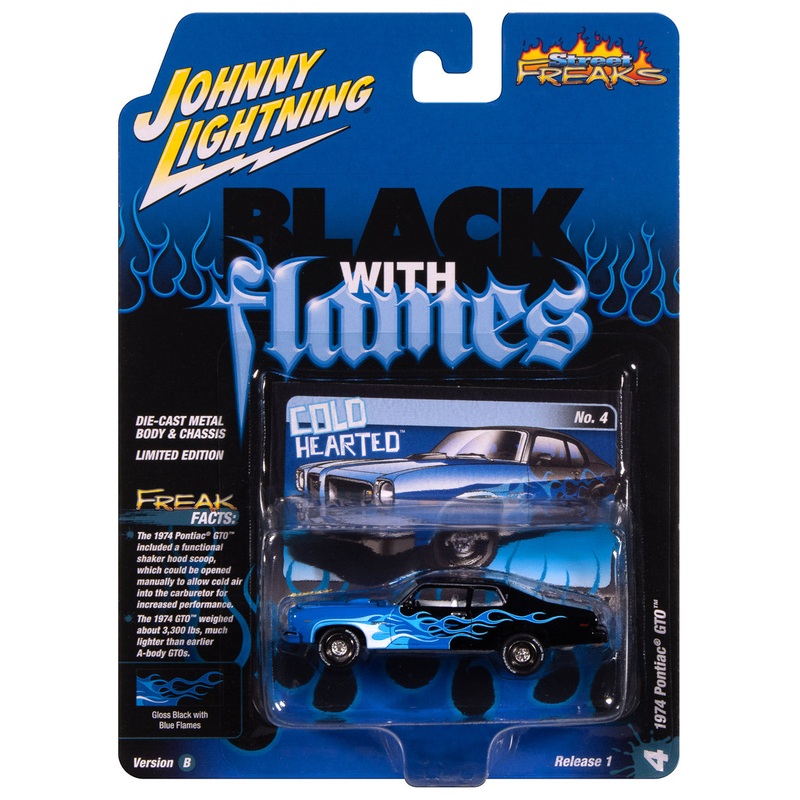 “PRE-ORDER” Johnny Lightning Street Freaks 1974 Pontiac GTO(Black w/Flames) (Black/Shades of Blue) 1:64 Scale Diecast (DUE LATE OCTOBER 2025)