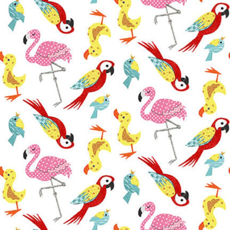 At The Zoo Collection Tossed Colorful Birds Cotton Fabric 6609-83 White