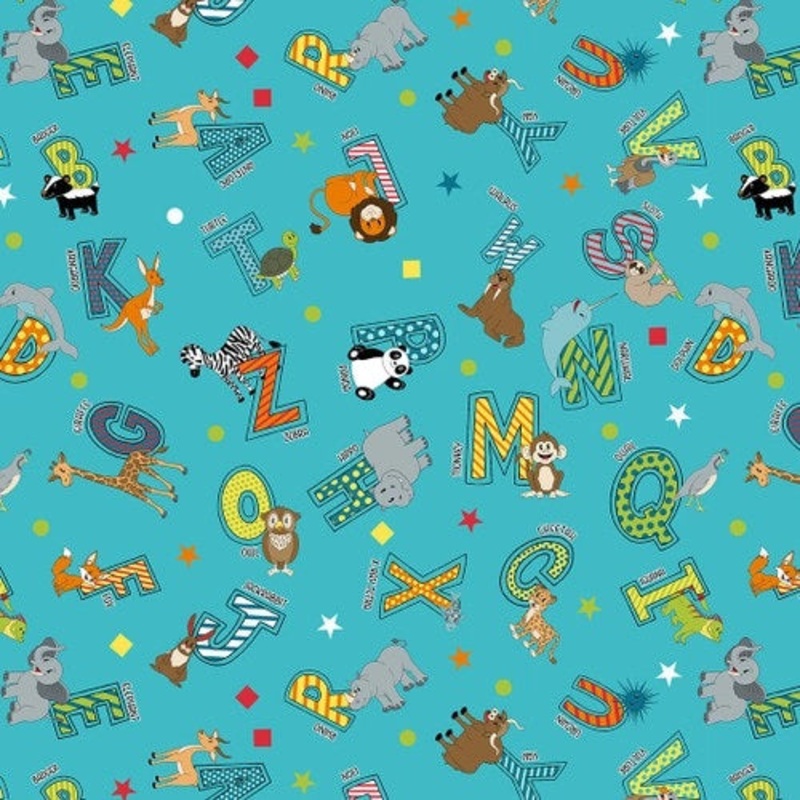 A To Zoo Collection Tossed Animals and Letters Cotton Fabric 2653-75 Turquoise