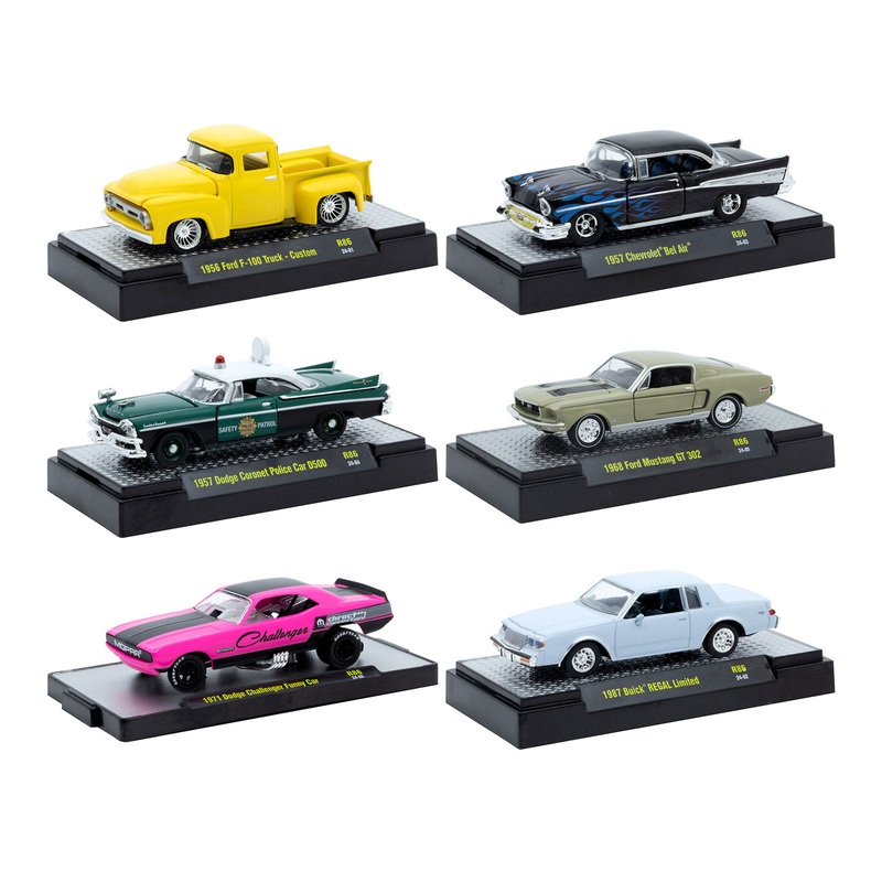 “Auto Meets” Set of 6 Cars IN DISPLAY CASES Release 86 Limited Edition 1/64 Diecast Model Cars by M2 Machines