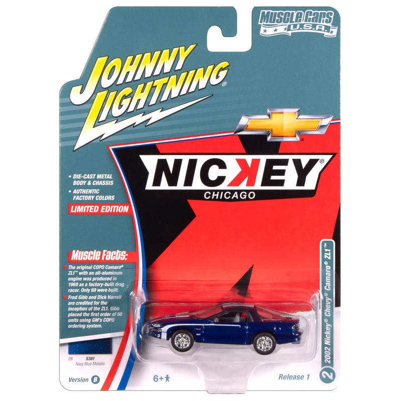 “PRE-ORDER” Johnny Lightning Muscle Cars Nickey 2002 Chevy Camaro ZL1 (Metallic Blue with White Stripes) 1:64 Scale Diecast (DUE NOVEMBER 2025)