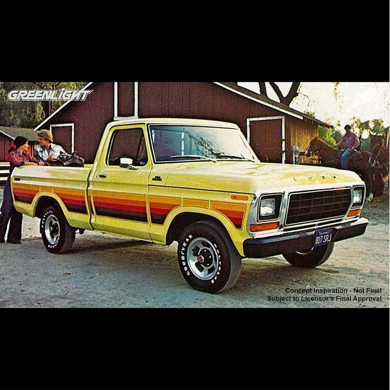 Greenlight 1:64 1978 Ford F-150 Ranger  Free Wheeling Stripes Edition  Yellow Short Bed (Hobby Exclusive) Preorder – January