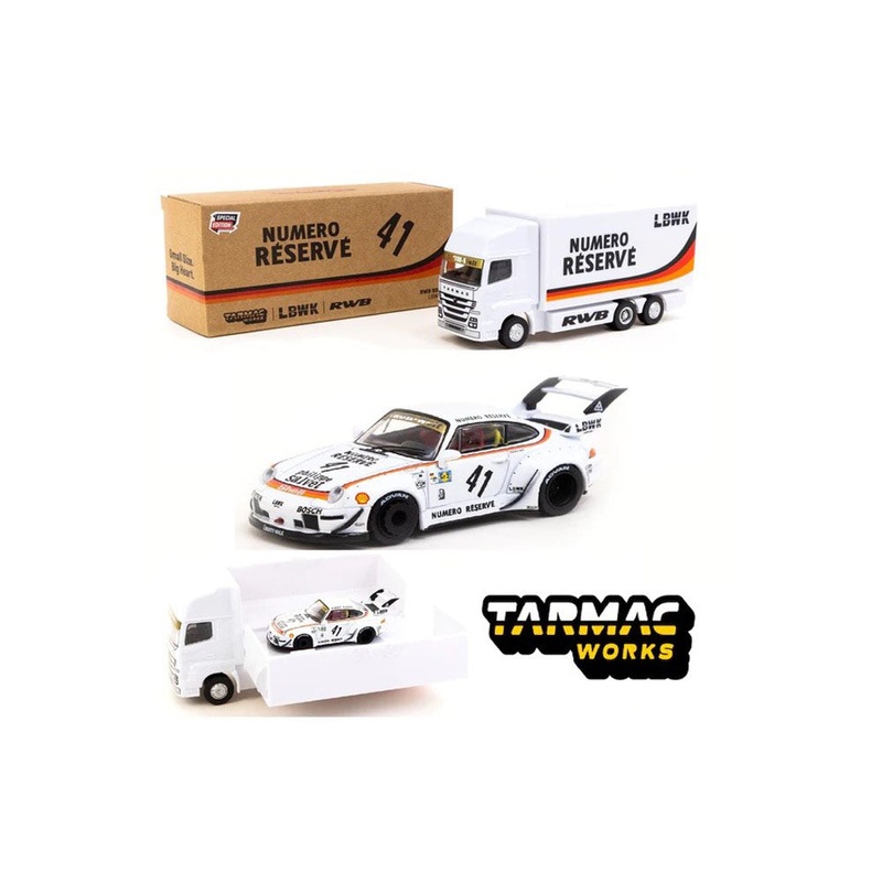 Tarmac Works 1:64 Singapore Exclusive RWB 993 LBWK With Transporter  Numero Reserve White