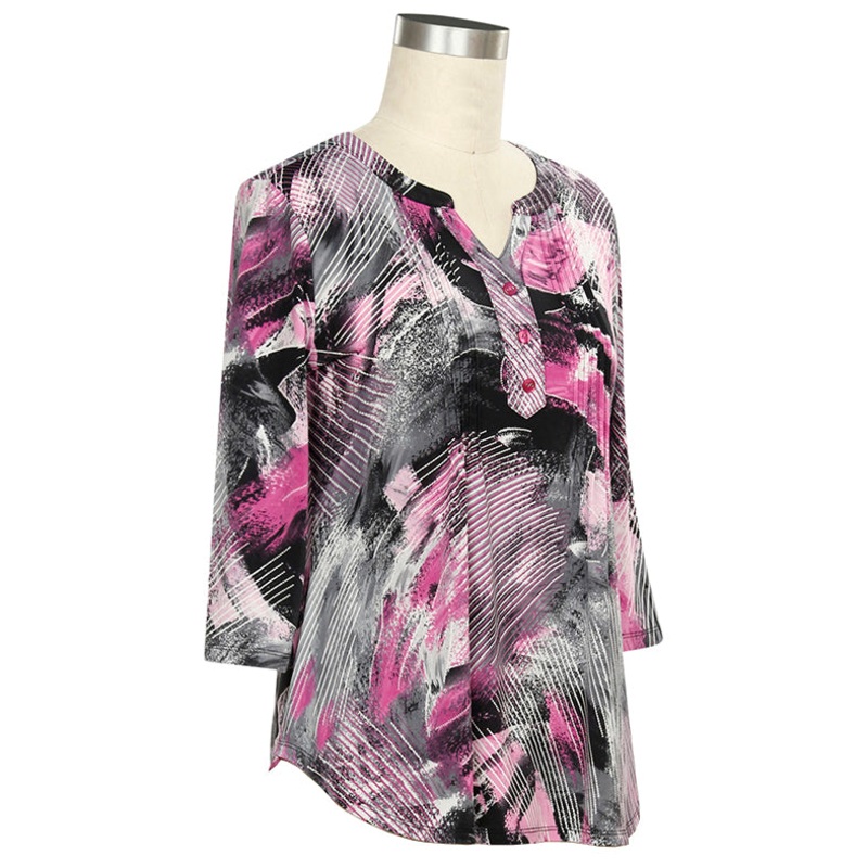 Women’s 3/4 Sleeve Color Delight Brush Print Top 477B Exoticbloom Black Small