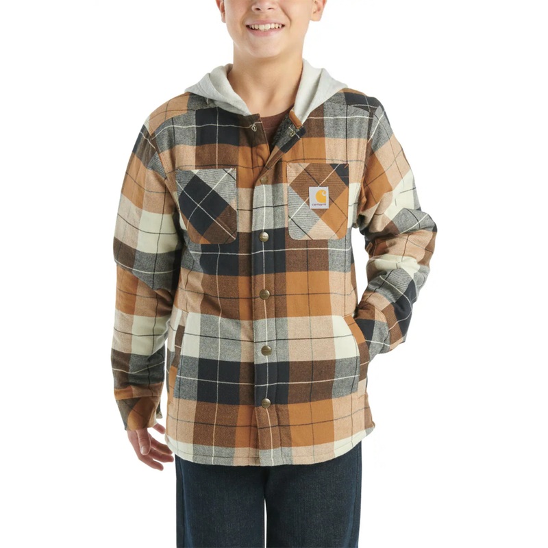 Boys’ Long-Sleeve Flannel Snap-Front Hooded Shirt Jacket CP8584 Carhartt Brown Youth Medium