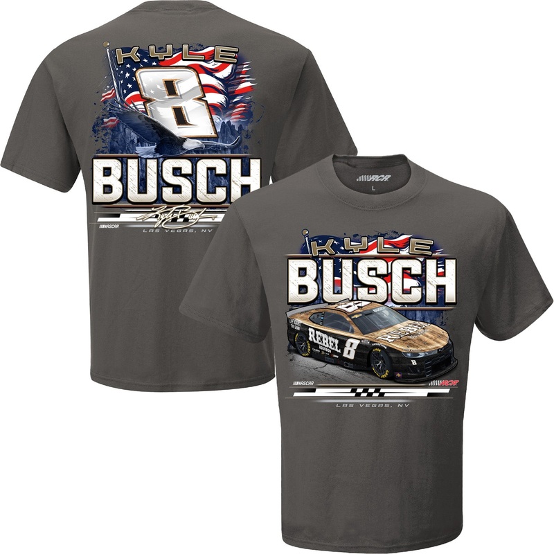 Kyle Busch 2025 Rebel Bourbon Patriotic Eagle 2-Spot T-Shirt Gray – Exclusive L