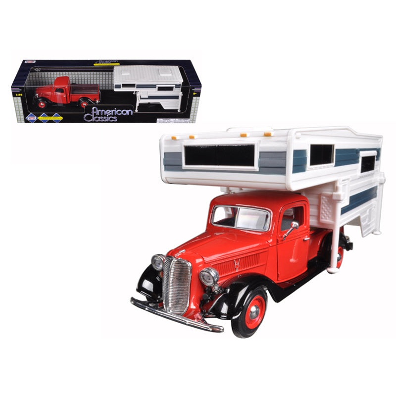1937 Ford Pickup Truck with Camper Shell Red and White 1/24 Diecast Model Car by Motormax