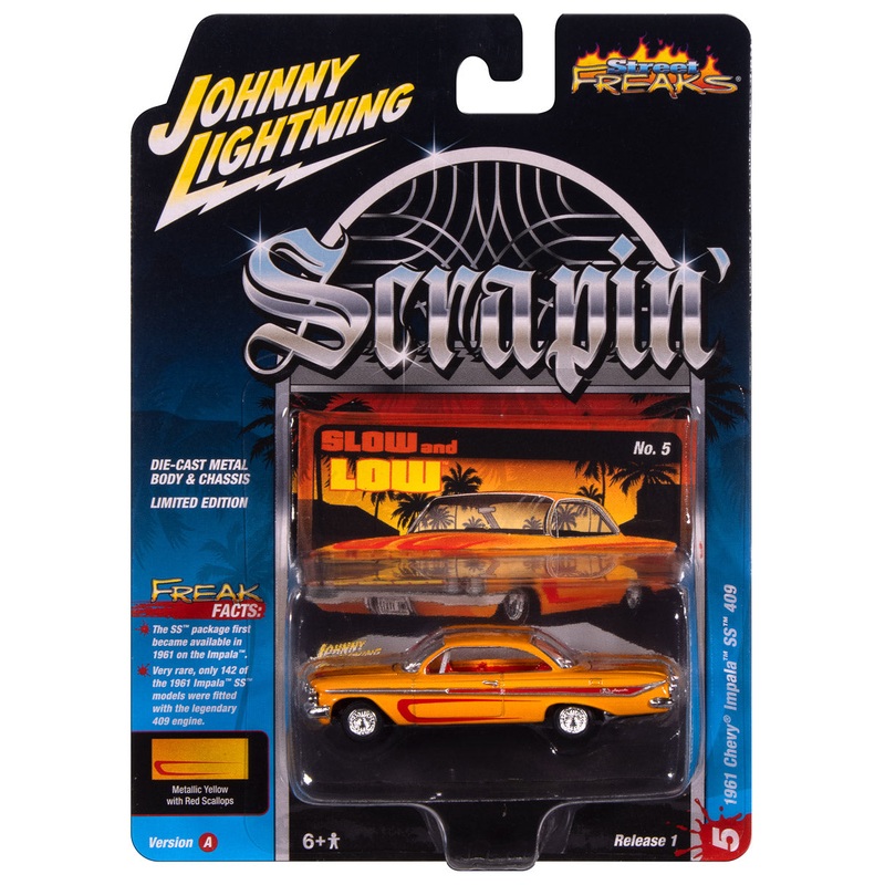 “PRE-ORDER” Johnny Lightning Street Freaks 1961 Chevy ImpalaSS 409(Scrapin) (Metallic Yellow w/Red) 1:64 Scale Diecast (DUE LATE OCTOBER 2025)