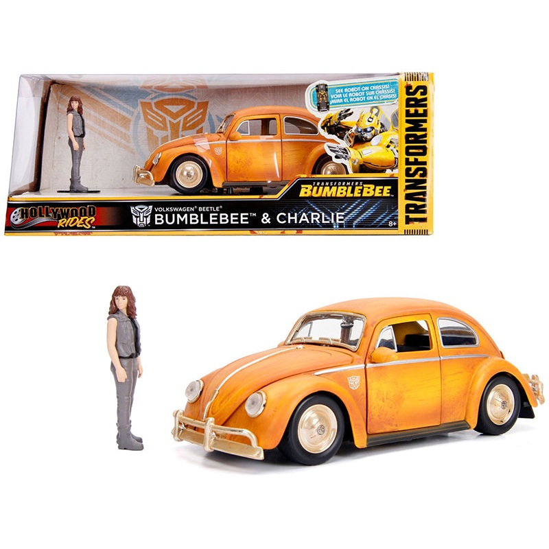 Volkswagen Beetle Weathered Yellow with Robot on Chassis and Charlie Diecast Figurine “Bumblebee” (2018) Movie (“Transformers” Series) “Hollywood Rides” Series 1/24 Diecast Model Car by Jada