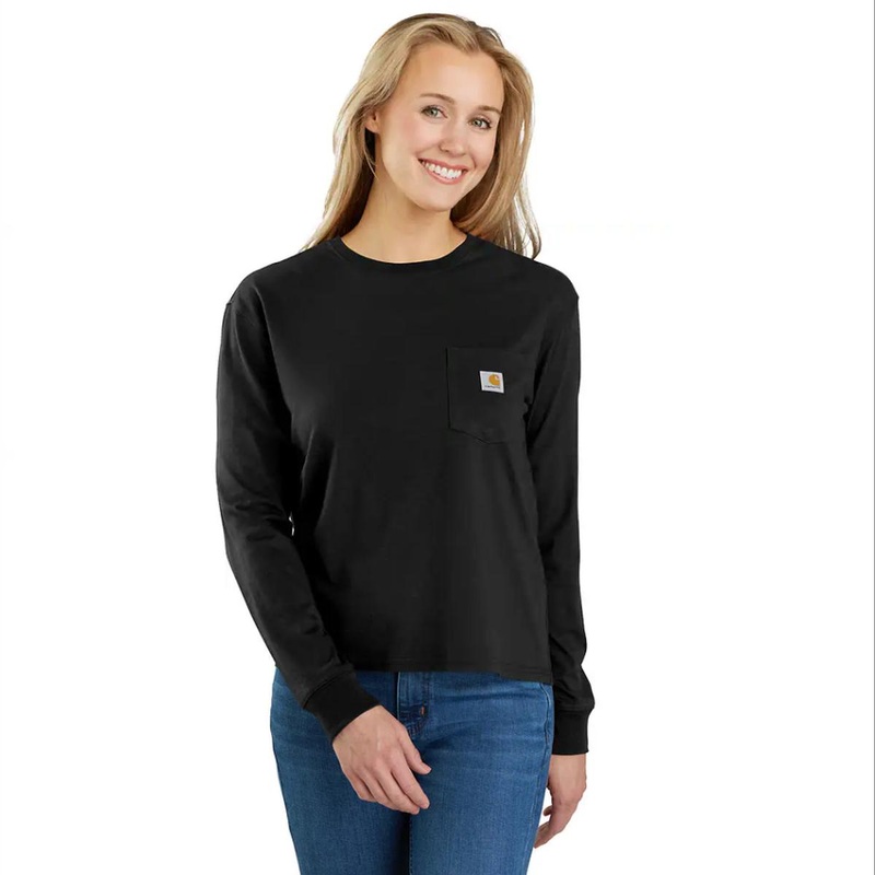 Women’s Long-Sleeve Crewneck Pocket T-Shirt 106121 Black Small