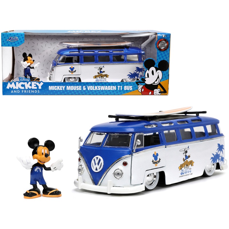 Volkswagen T1 Bus Blue and White with Graphics “Nostalgic Islands Ride the Wave” and Mickey Mouse Diecast Figure and Surfboard “Disney’s Mickey and Friends” “Hollywood Rides” Series 1/24 Diecast Model Car by Jada