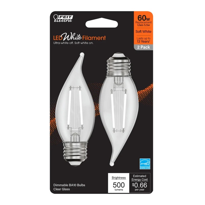 2-Pack 60W LED White Filament Flame Tip Light Bulbs BPEFC609 2700K Soft White