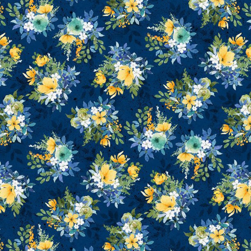 Sunlit Serenade Collection Tossed Bouquets Cotton Fabric 40771 Blue