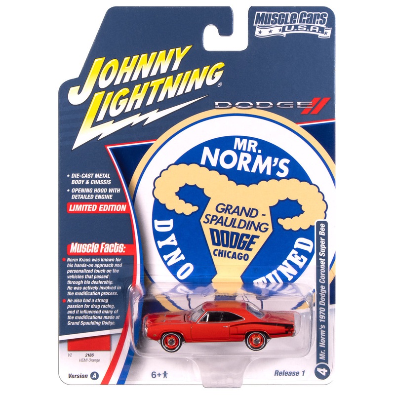 “PRE-ORDER” Johnny Lightning Muscle Cars Mr. Norm’s 1970 Dodge Super Bee (Hemi Orange w/Black Super Bee C Stripe) 1:64 Scale Diecast (DUE NOVEMBER 2025)