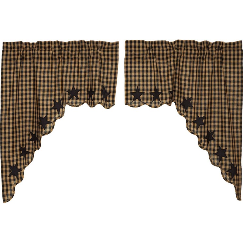 Black Check Homespun Curtains 20 Star Swag Valance