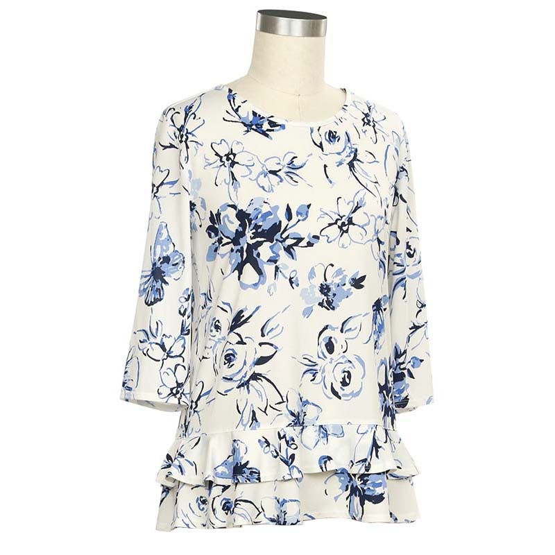 Women’s 3/4 Sleeve Candid Charm Floral Ruffle Top 484B Blue/Navy Small