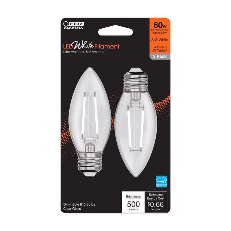 2-Pack 60W LED White Filament E26 Torpedo Tip Light Bulbs BPETC60927WFIL2 2700K Soft White