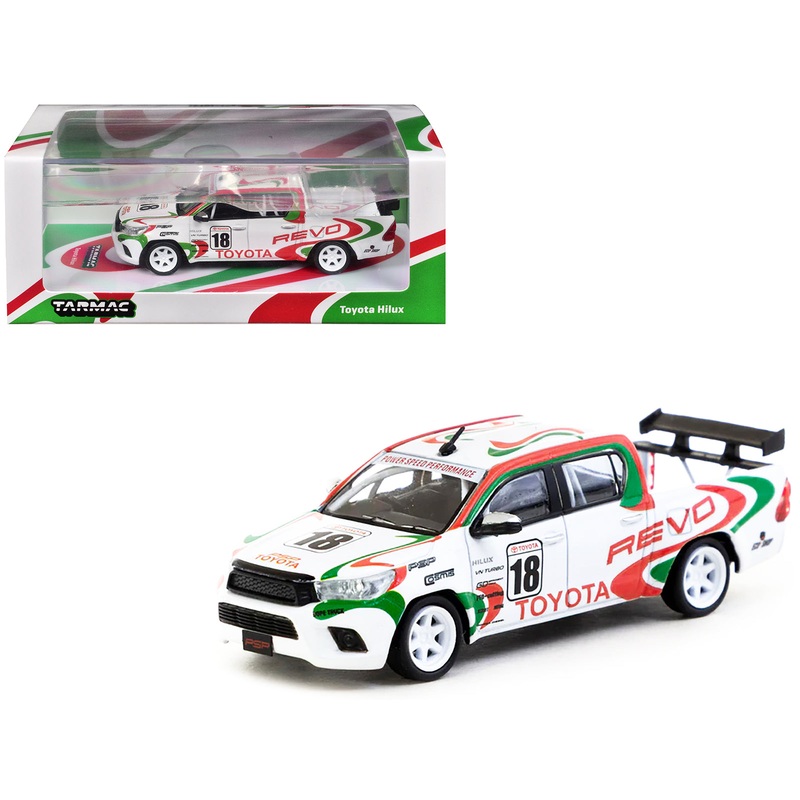 Toyota Hilux Pickup Truck RHD (Right Hand Drive) #18 White with Red and Green Graphics “Hobby64” Series 1/64 Diecast Model Car by Tarmac Works