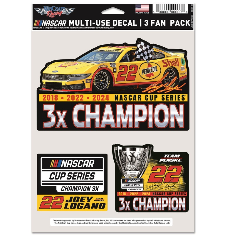 Joey Logano 3X NASCAR Champion Multi-Use Decal 3-Pack